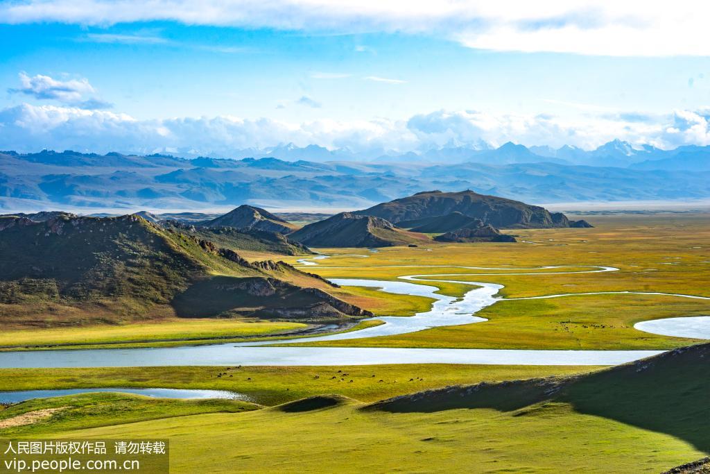2019年9月8日在位于新疆巴音郭楞蒙古自治州拍摄的巴音布鲁克草原上的“九曲十八弯” 。